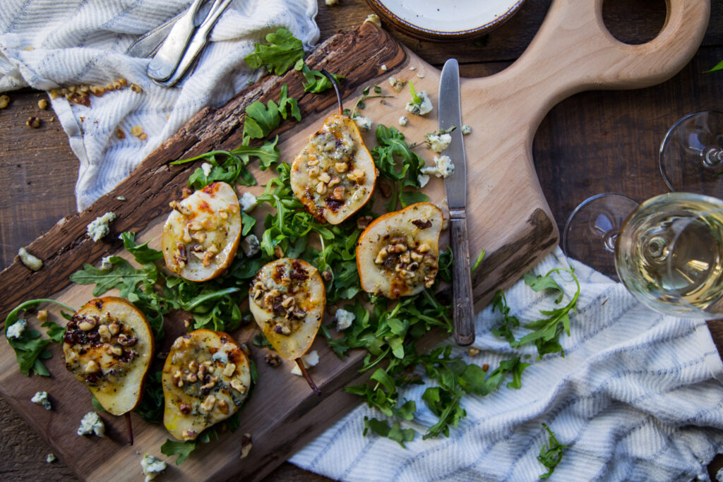 poires au bleu blue cheese pear miel honey nuts noix Cinq Fourchettes recette recipe