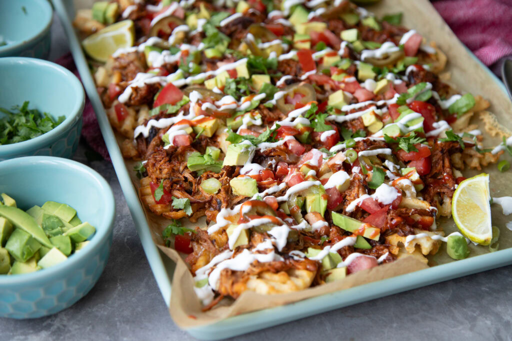 nachos frites gaufrees porc effiloche recette recipe fries pulled pork cinq fourchettes