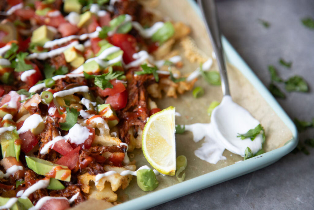 nachos frites gaufrees porc effiloche recette recipe fries pulled pork cinq fourchettes