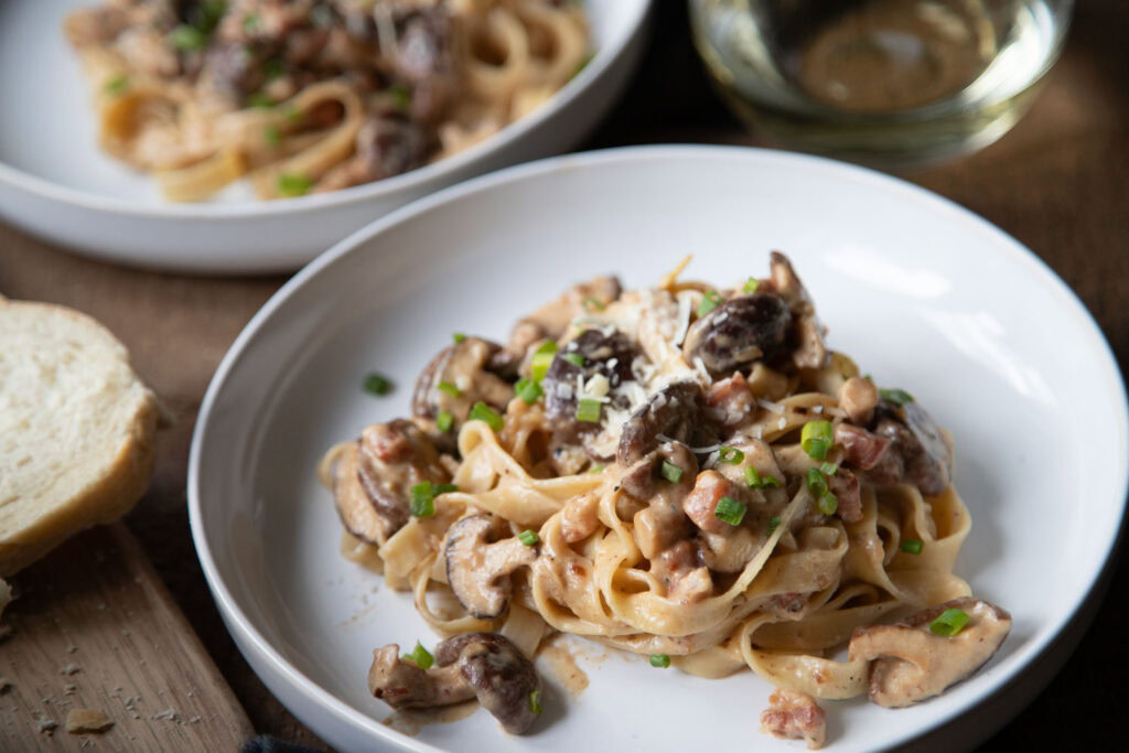 tagliatelle shiitake pancetta recette recipe mushroom champignon pates pasta Cinq Fourchettes