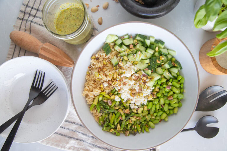salade orzo pesto pistaches basilic edamames asperges cinq fourchettes recette